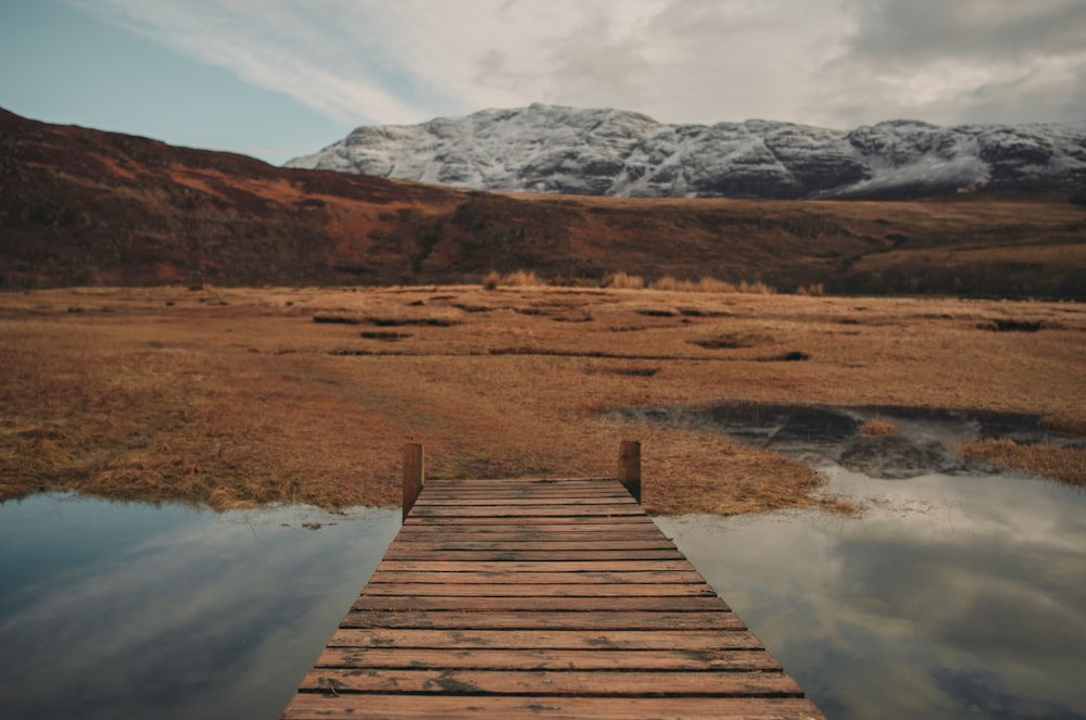 brown wooden dock facing mountains and hill