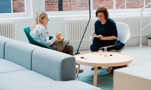 two women having a meeting sitting on soft furniture