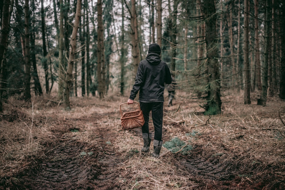 person in black hoodie holding basket in forest during daytime
