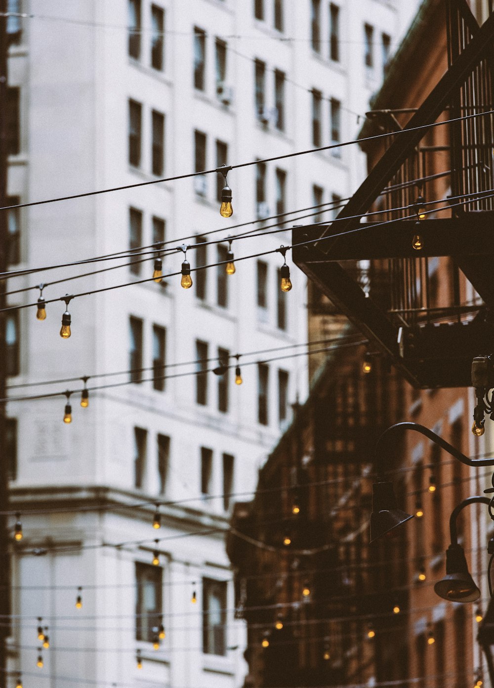 selective focus photography of string lights between concrete buildings