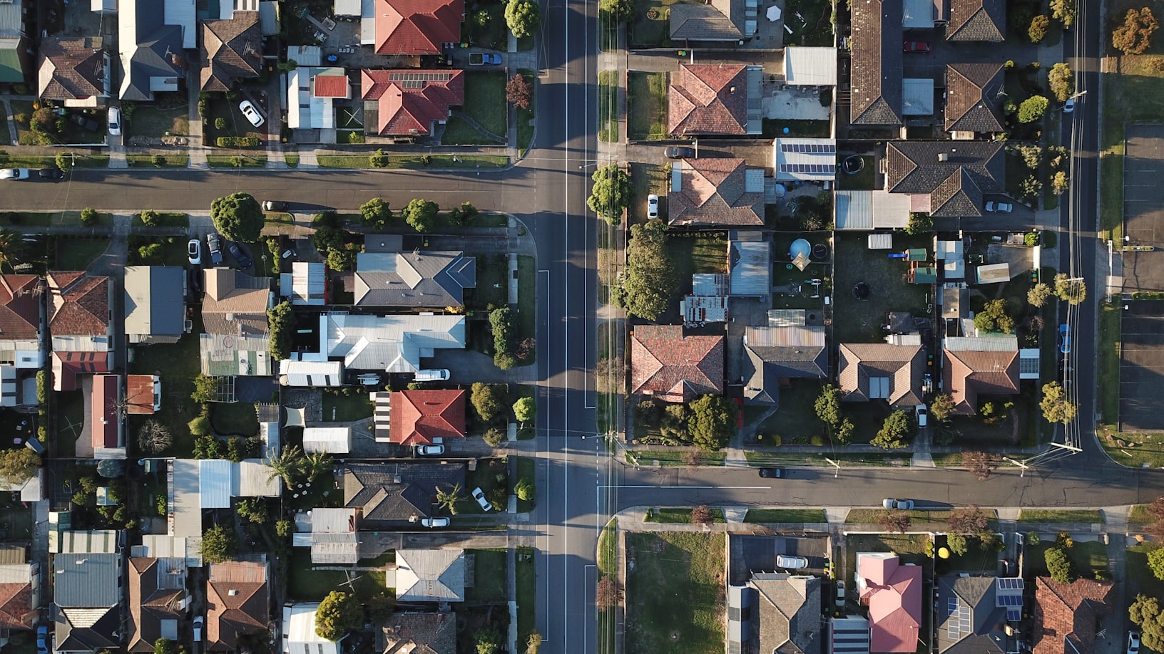 An aerial shot of homes in a neighborhood