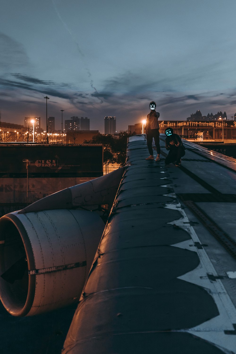 duas pessoas na asa de um avião