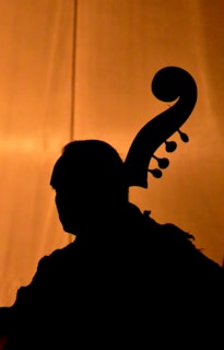 A silhouette of the musician playing a cello with a warm golden spotlight highlighting the instrument.