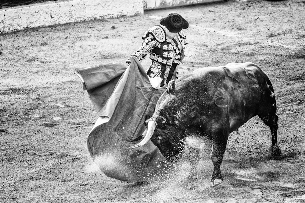 grayscale photo of matador and bull