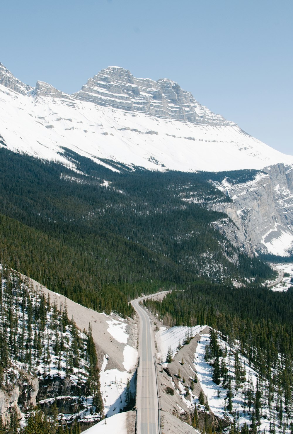 white mountain near trees and road