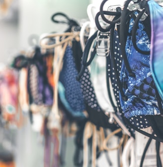 a row of bras hanging on a wall