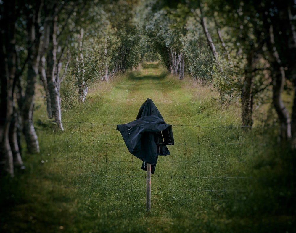 schwarzer Mantel am Zaun in der Nähe von Bäumen