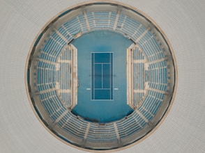 aerial photography of white and blue athletic stadium