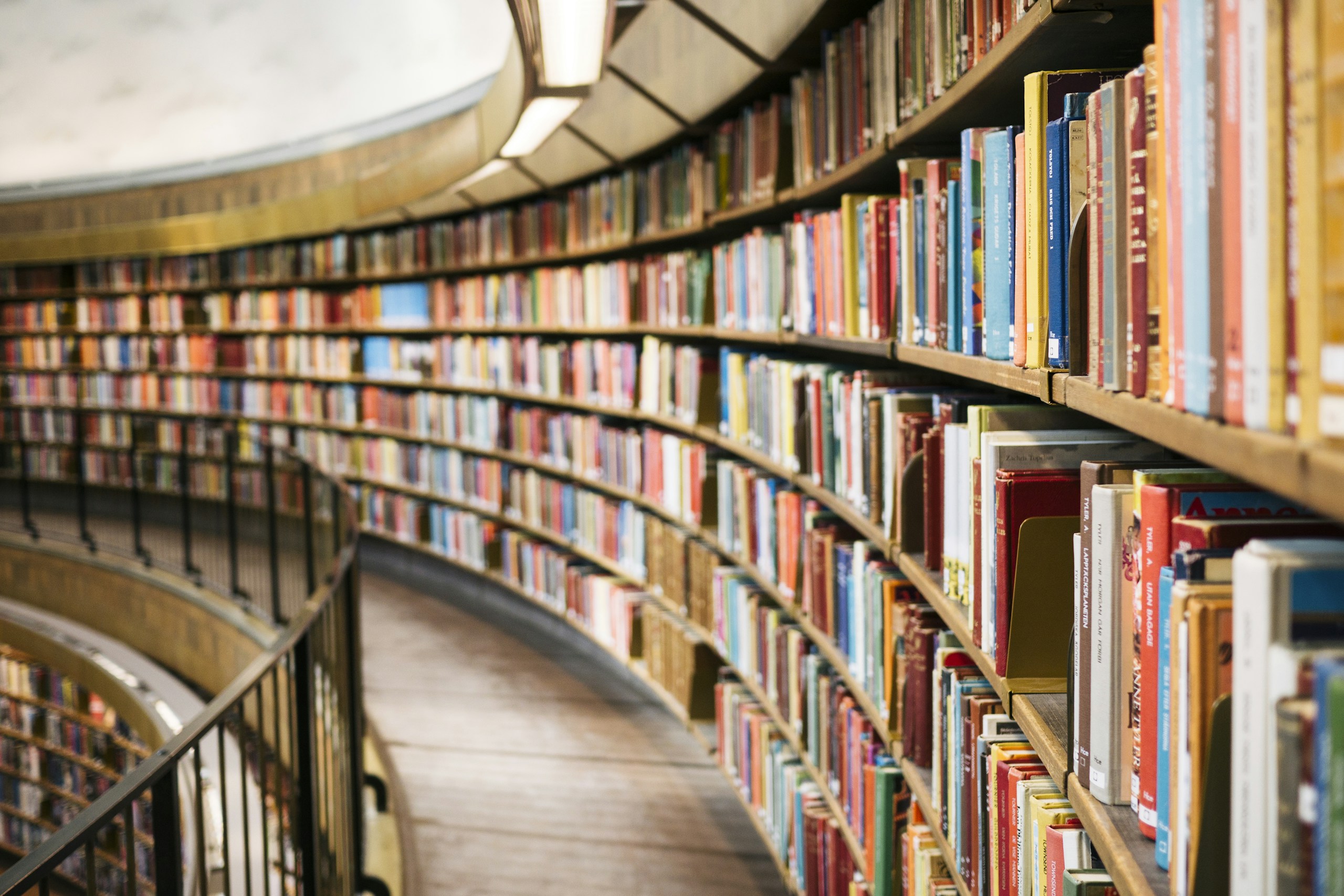 a photo of curving library bookshelves