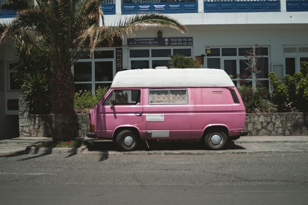 A pink vintage camper van is parked on the side of a street near a building with a white facade. A palm tree and some greenery provide a tropical vibe to the scene.