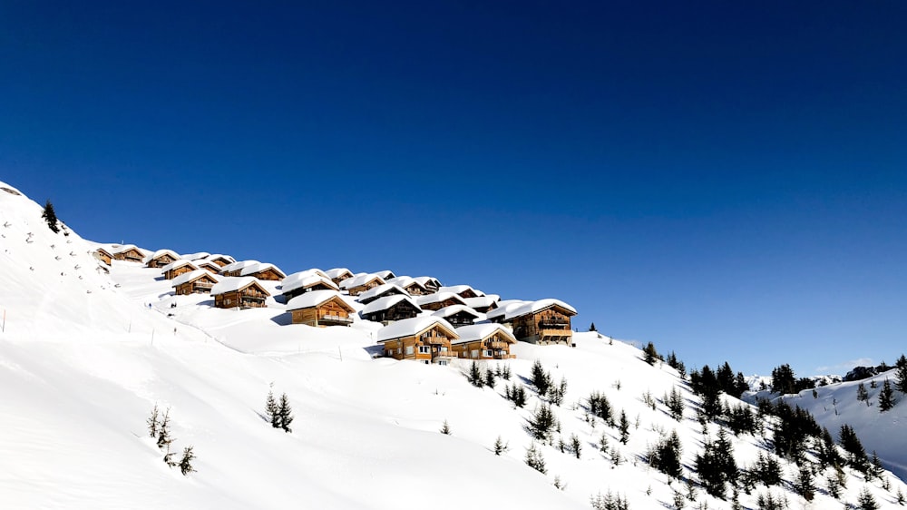 montanha coberta de neve com casas e árvores durante o dia