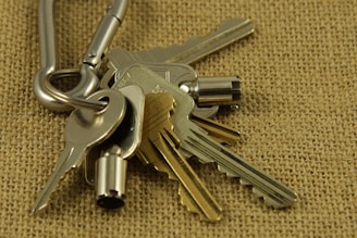 A close-up view of a set of metallic keys attached to a carabiner, placed on a textured burlap surface. The keys vary in shape and size, with some having distinct notches and others appearing more cylindrical.