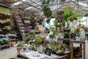 A well-organized indoor garden shop filled with various potted plants and flowers. A large wooden table displays an array of vibrant floral arrangements, ferns, and succulents. There are decorative ceramic pots and vases, a book open to a page on floral design, and a small chalkboard sign with plant information. Wooden shelves and ladders line the walls, holding additional plants and garden ornaments.