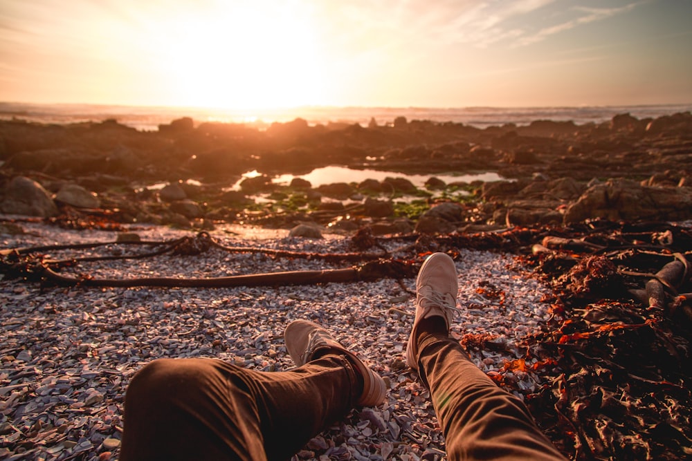 person sitting on seashore during golden hour