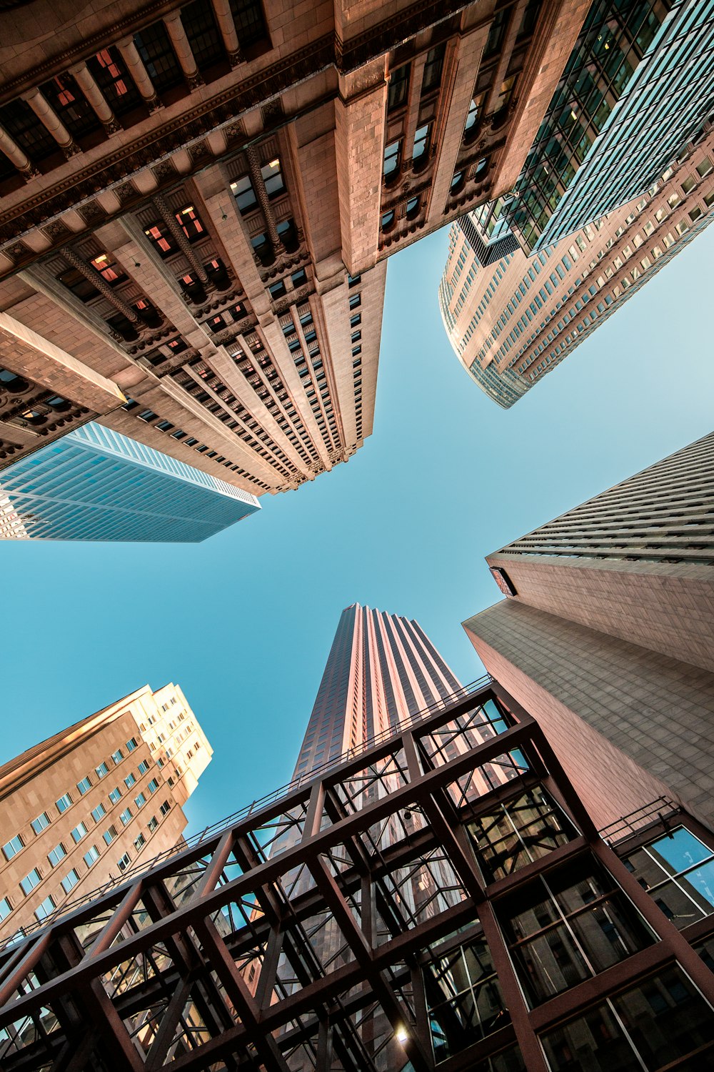 wormseye view of high-rise buildings under blue sky