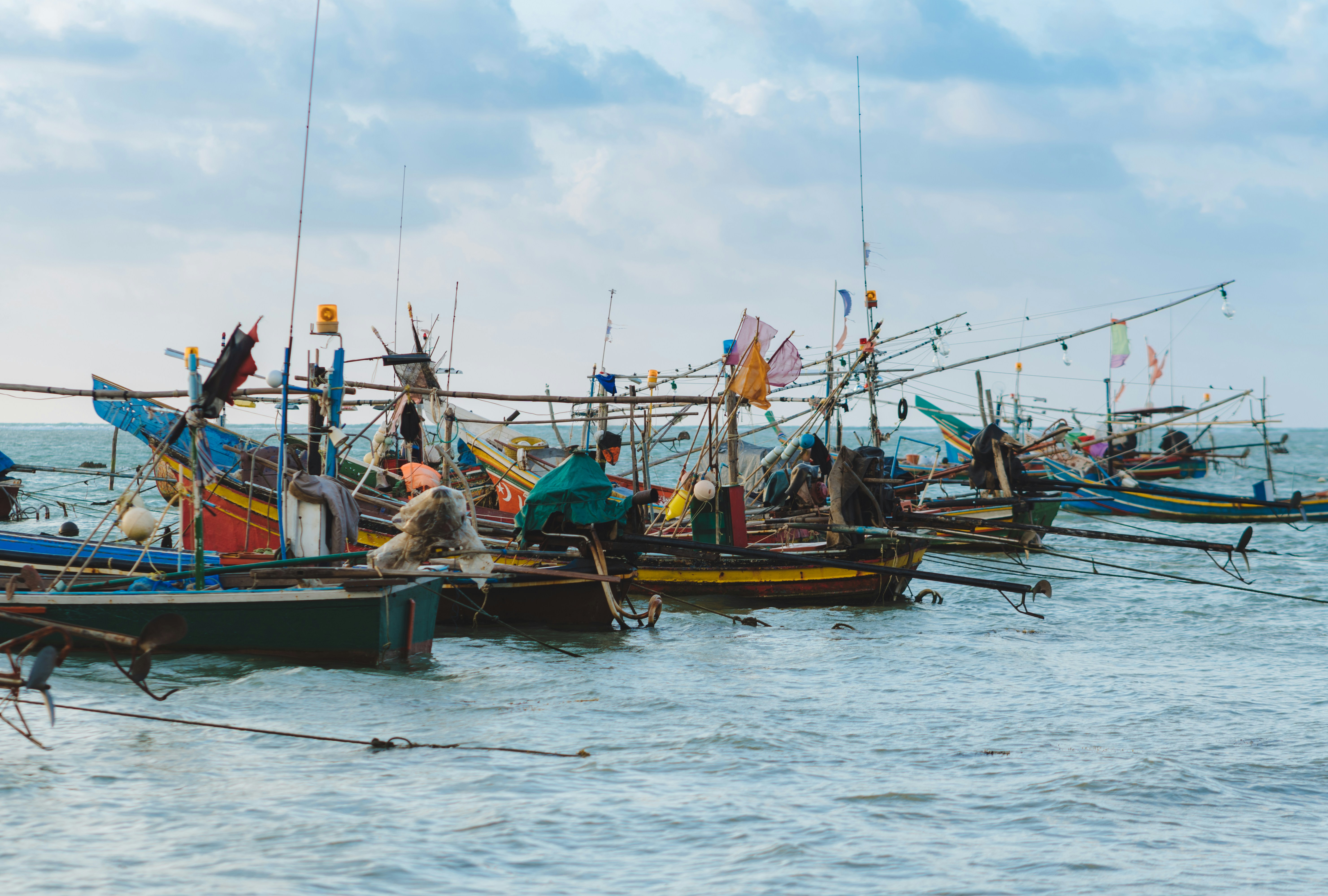 Vibrant floating market with boats and goods