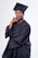 Elegant black and silver cityscape background with diamond-encrusted text overlay featuring a radiant, confident student in a white coat.