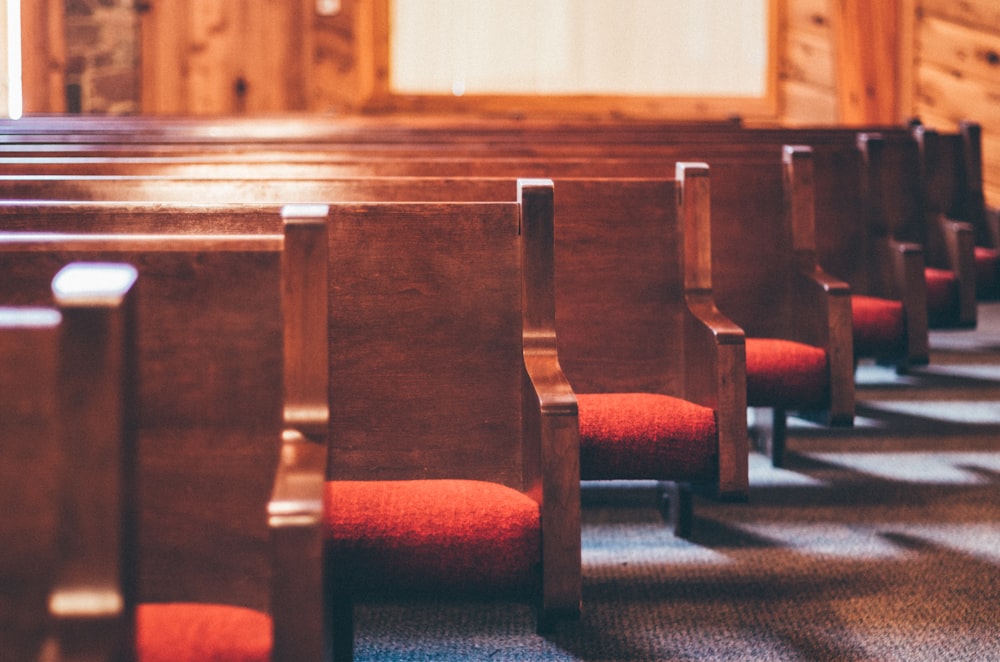 lined brown pew benches