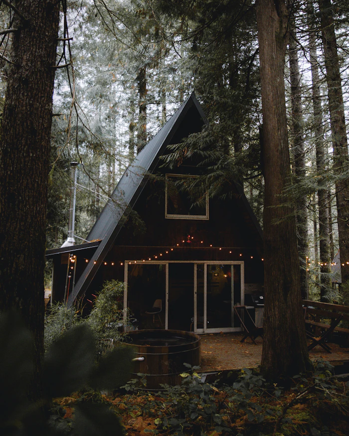 A-frame будиночок з терасою в сосновому лісі