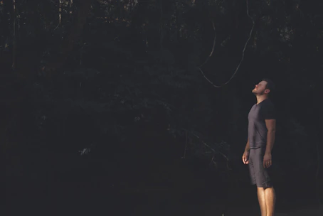Moody cinematic image of a man meditating at dawn amidst misty forest with golden light particles surrounding him.