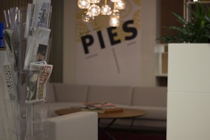 A cozy indoor setting featuring a rack with various newspapers and magazines, a comfortable beige couch, and a round wooden coffee table with books or magazines. A modern chandelier with spherical bulbs hangs above, and the wall displays a large graphic with the word 'PIES'. There's a green plant in a white planter on the right side.