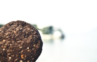 A close-up of a round, dark brown cookie with visible chunks and texture against a blurred background. The background appears to be a bright, washed-out scene possibly indicating an outdoor setting.