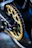 Close-up of a motorcycle chain glistening with fresh lubricant under sunlight.
