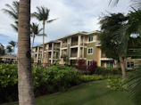 A three-story residential building is surrounded by lush tropical foliage and palm trees. The architecture features a mix of wood and neutral colors with balconies on each floor. The landscape is well-maintained with green grass and various types of plants. A clear sky with some clouds is visible above.