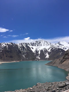 A peaceful view of Lago Chungara with mountains in the background under a clear blue sky.