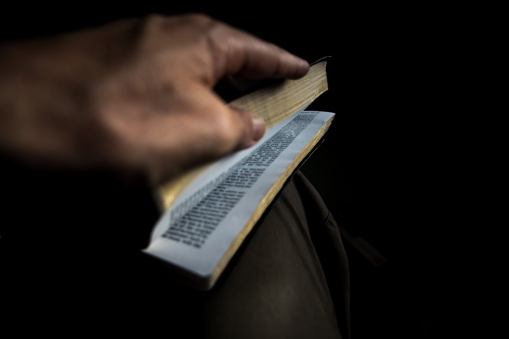 focus photography of person's hand opening book