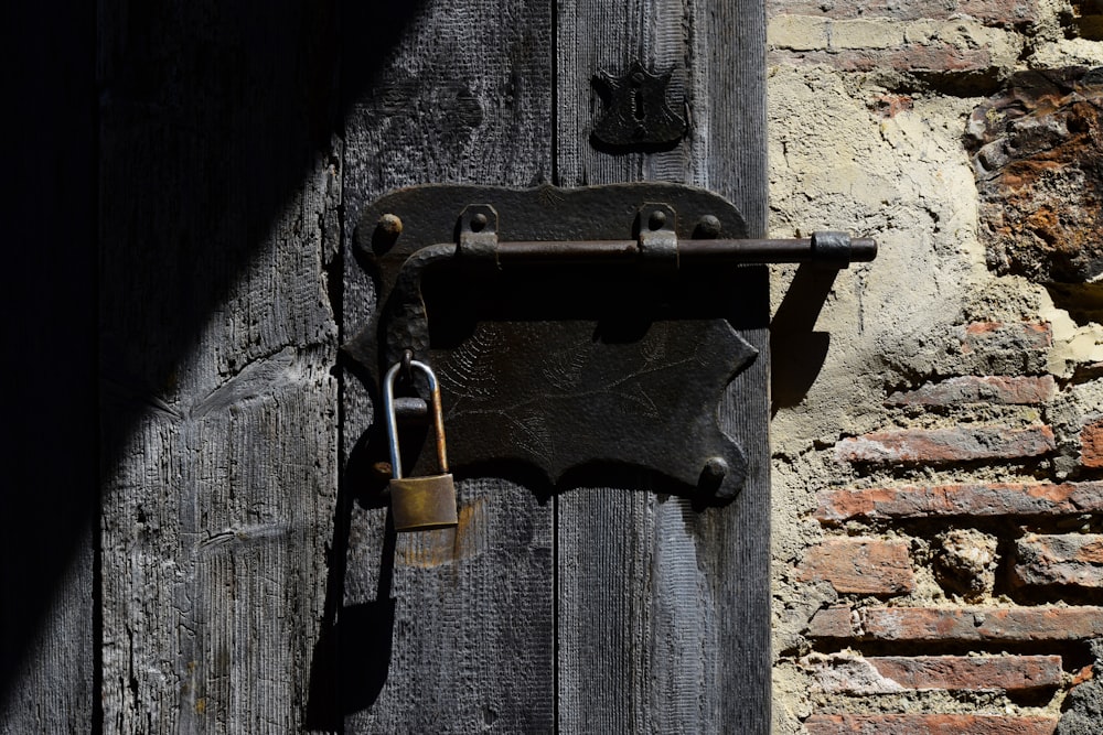 black and brown padlock on black wooden door