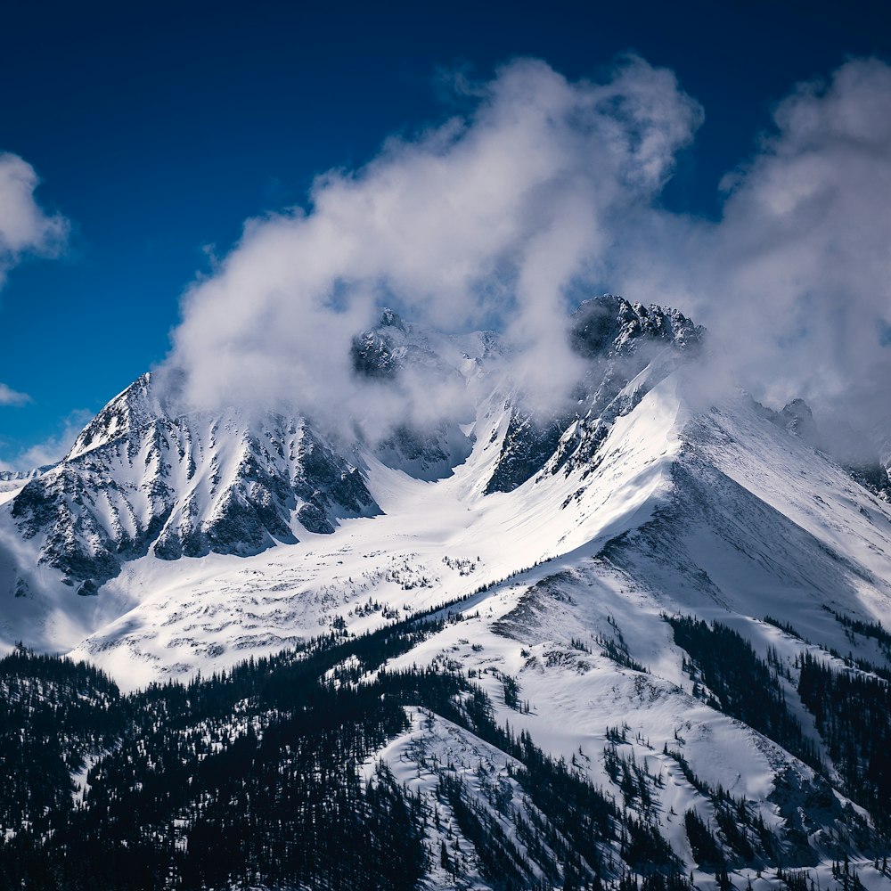 snow covered mountain under white and blue sky