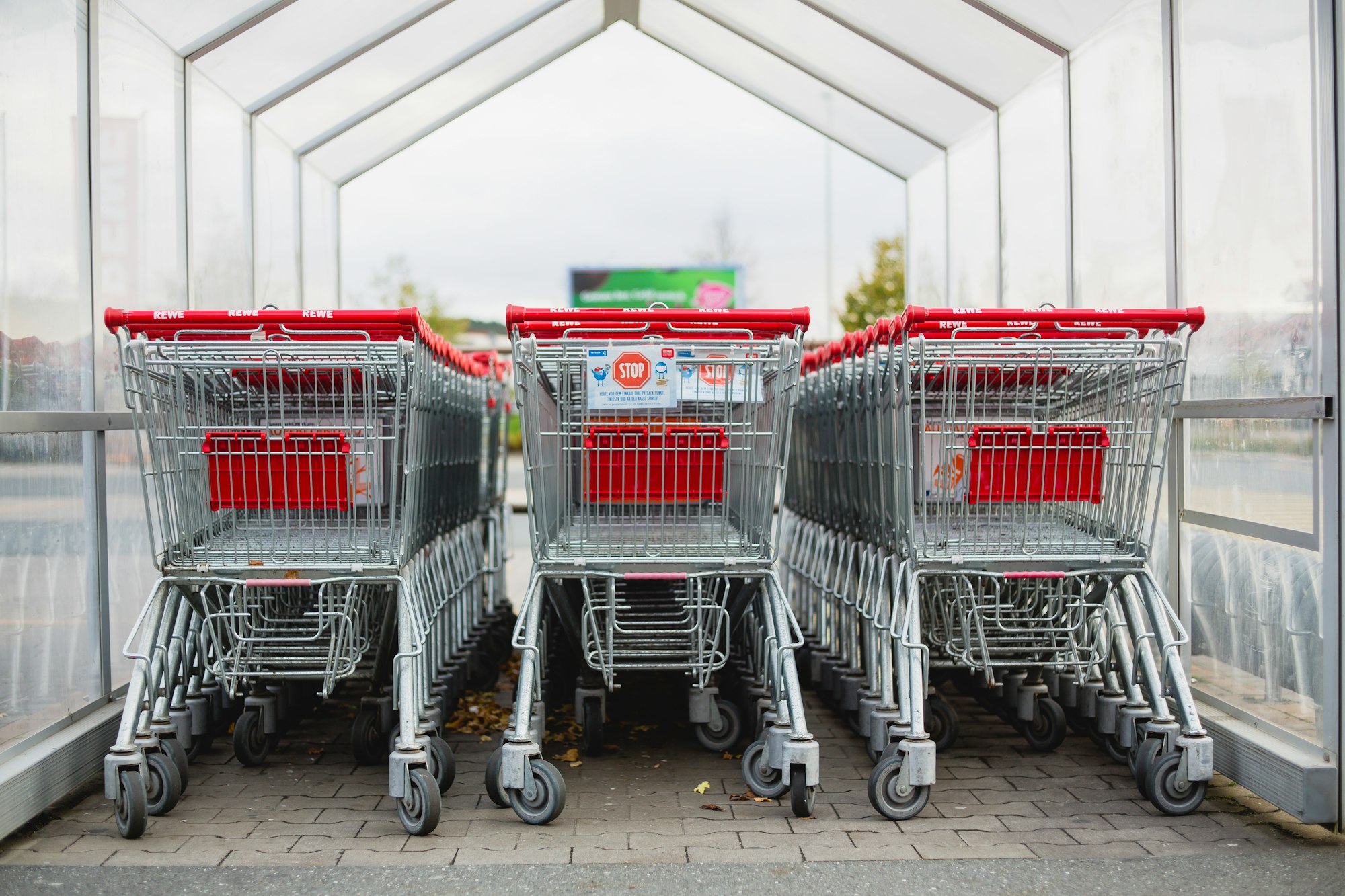 Carrinhos de supermercado com detalhes em vermelho enfileirados