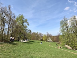 People hiking and enjoying an ecological park with native plants and clear skies.