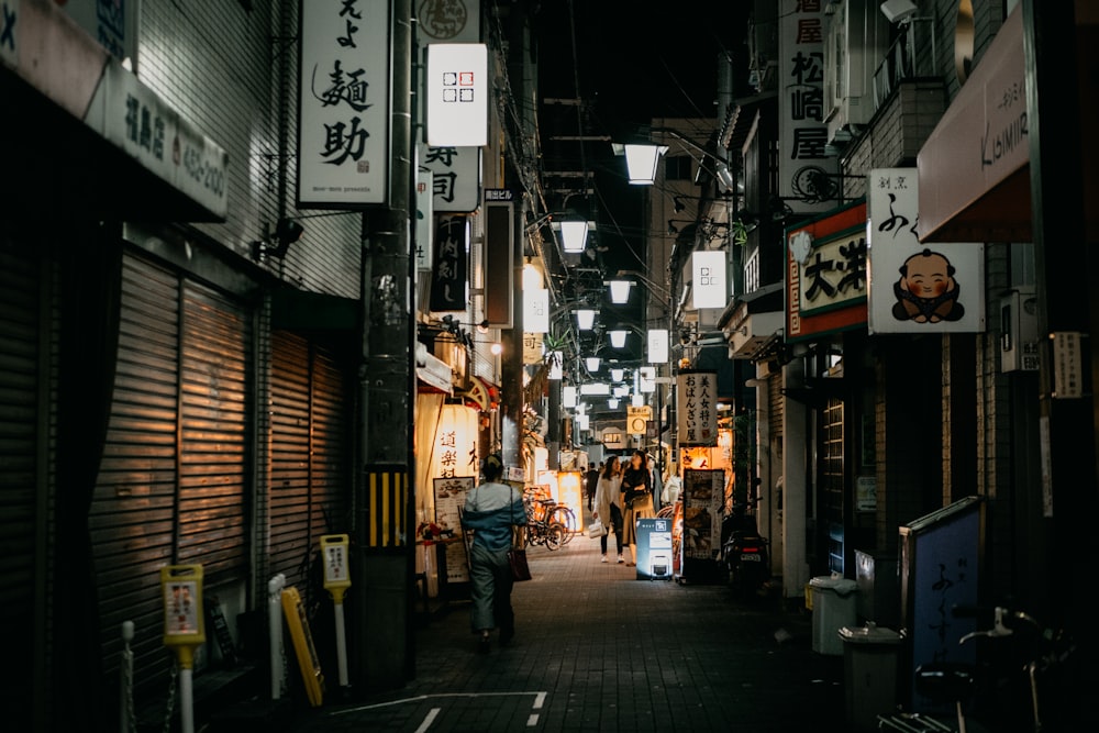 person walking in alley with signs