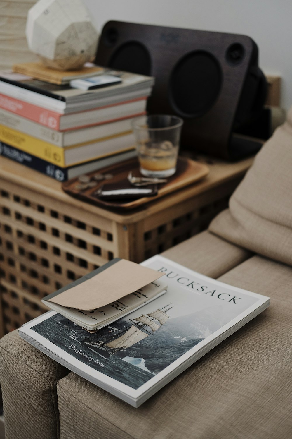 Bucksack book on brown sofa