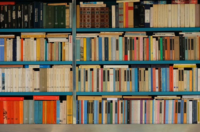 Colorful books lined up on a white wooden shelf, like a small resource library