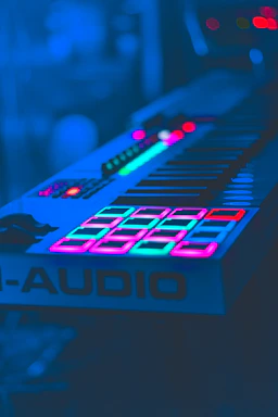 A close-up of a vintage synthesizer keyboard glowing under soft blue and purple lights.