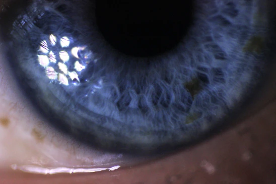 Close-up of a human eye reflecting cosmic patterns, symbolizing universal communication.
