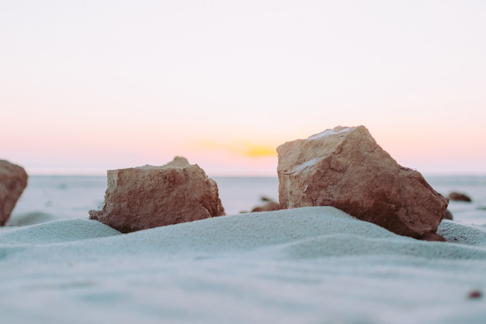 brown boulders on gray sand