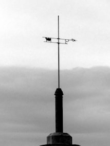 A weather vane with a silhouette of a cow and other decorative elements stands atop a tall metallic pole against a cloudy sky.