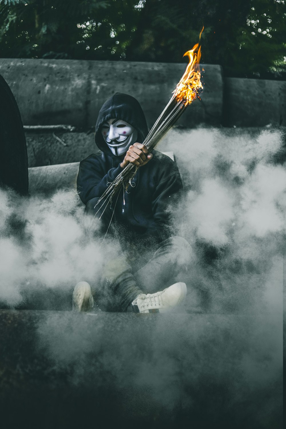 person wearing guy Fawkes's mask while holding torch