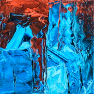 A vibrant abstract piece with swirling blues and reds, showcasing youthful imagination.