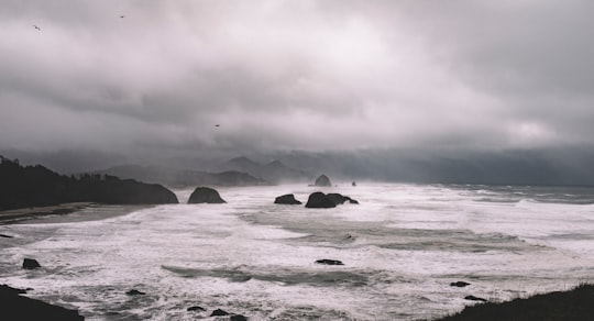 rock formations between sea under gray sky in Ecola State Park United States