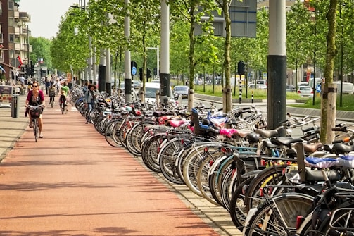 A bustling urban street lined with bicycles parked closely together on the right side of a red path. Several people are riding bicycles along the path, flanked by rows of green trees. Buildings are visible on the left, with cars moving on the adjacent road on the right.