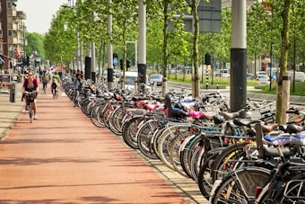 A bustling urban street lined with bicycles parked closely together on the right side of a red path. Several people are riding bicycles along the path, flanked by rows of green trees. Buildings are visible on the left, with cars moving on the adjacent road on the right.