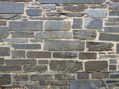 A wall constructed from various sizes and shapes of stacked stones, with visible mortar between them. The stones have a rough, textured surface and a mix of dark and light gray tones.