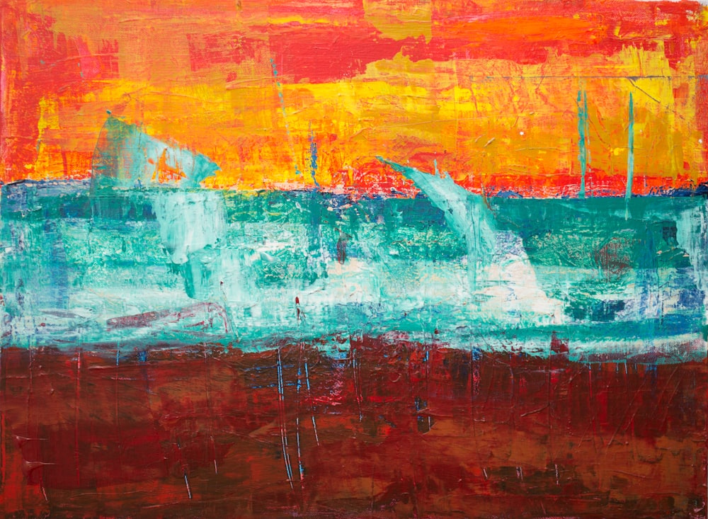 teal, orange, and red abstract painting