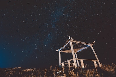 A wooden structure stands against a backdrop of a starry night sky. The structure appears to be a simple shelter with a thatched roof and is positioned on grassy terrain. The sky is filled with stars, creating a serene and expansive atmosphere.