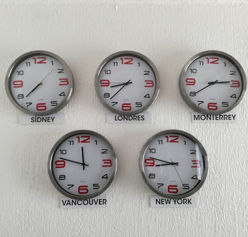 five assorted country wall clocks